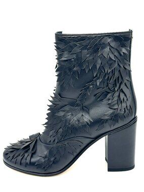 CHANEL 18C Leather Fringe Leaf Detail Ankle Boots Bootie Heels Shoes